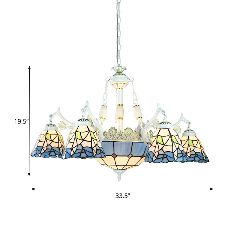 Mediterranean Cone Chandelier Light Fixture 9 Lights Stained Glass Suspension Pendant in Blue with Flower/Square/Diamond/Gem Pattern Clearhalo 'Ceiling Lights' 'Chandeliers' 'Industrial' 'Middle Century Chandeliers' 'Tiffany Chandeliers' 'Tiffany close to ceiling' 'Tiffany' Lighting' 177550