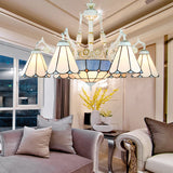 Mediterranean Cone Chandelier Light Fixture 9 Lights Stained Glass Suspension Pendant in Blue with Flower/Square/Diamond/Gem Pattern Blue Gem Clearhalo 'Ceiling Lights' 'Chandeliers' 'Industrial' 'Middle Century Chandeliers' 'Tiffany Chandeliers' 'Tiffany close to ceiling' 'Tiffany' Lighting' 177551