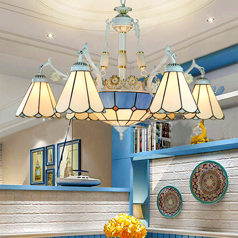 Mediterranean Cone Chandelier Light Fixture 9 Lights Stained Glass Suspension Pendant in Blue with Flower/Square/Diamond/Gem Pattern Clearhalo 'Ceiling Lights' 'Chandeliers' 'Industrial' 'Middle Century Chandeliers' 'Tiffany Chandeliers' 'Tiffany close to ceiling' 'Tiffany' Lighting' 177552