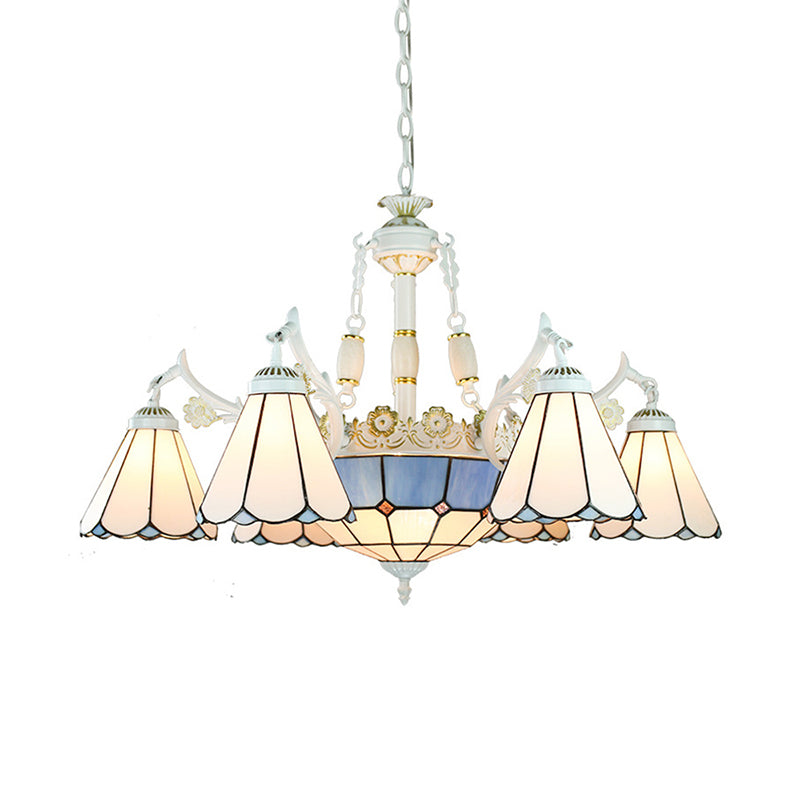 Mediterranean Cone Chandelier Light Fixture 9 Lights Stained Glass Suspension Pendant in Blue with Flower/Square/Diamond/Gem Pattern Clearhalo 'Ceiling Lights' 'Chandeliers' 'Industrial' 'Middle Century Chandeliers' 'Tiffany Chandeliers' 'Tiffany close to ceiling' 'Tiffany' Lighting' 177553