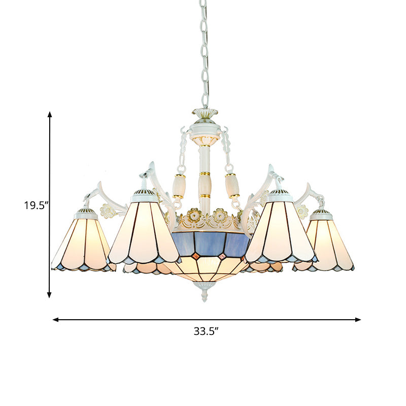 Mediterranean Cone Chandelier Light Fixture 9 Lights Stained Glass Suspension Pendant in Blue with Flower/Square/Diamond/Gem Pattern Clearhalo 'Ceiling Lights' 'Chandeliers' 'Industrial' 'Middle Century Chandeliers' 'Tiffany Chandeliers' 'Tiffany close to ceiling' 'Tiffany' Lighting' 177554