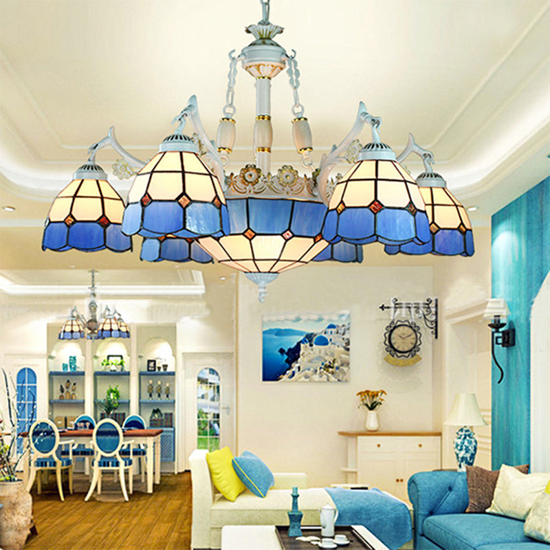 Mediterranean Cone Chandelier Light Fixture 9 Lights Stained Glass Suspension Pendant in Blue with Flower/Square/Diamond/Gem Pattern Blue Diamond Clearhalo 'Ceiling Lights' 'Chandeliers' 'Industrial' 'Middle Century Chandeliers' 'Tiffany Chandeliers' 'Tiffany close to ceiling' 'Tiffany' Lighting' 177555