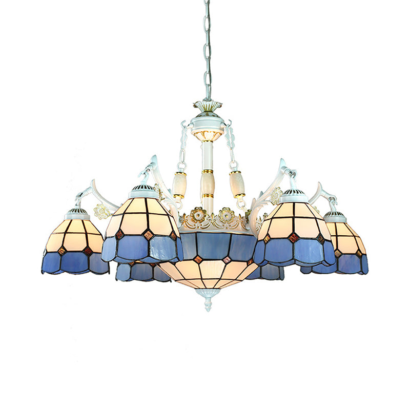Mediterranean Cone Chandelier Light Fixture 9 Lights Stained Glass Suspension Pendant in Blue with Flower/Square/Diamond/Gem Pattern Clearhalo 'Ceiling Lights' 'Chandeliers' 'Industrial' 'Middle Century Chandeliers' 'Tiffany Chandeliers' 'Tiffany close to ceiling' 'Tiffany' Lighting' 177556