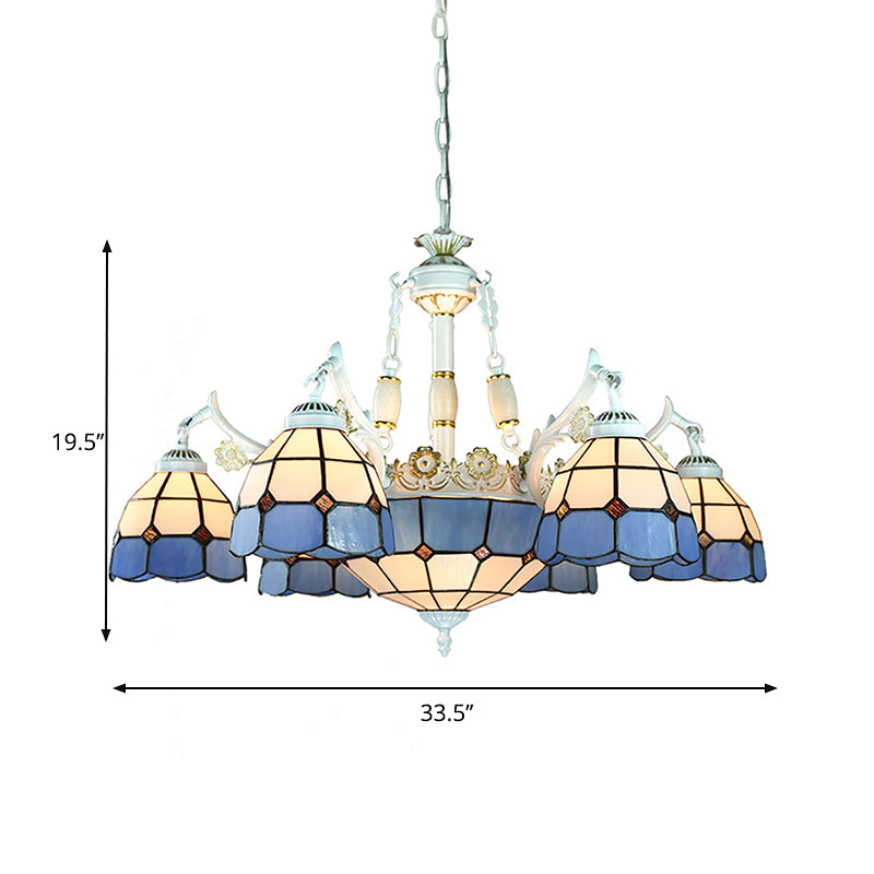 Mediterranean Cone Chandelier Light Fixture 9 Lights Stained Glass Suspension Pendant in Blue with Flower/Square/Diamond/Gem Pattern Clearhalo 'Ceiling Lights' 'Chandeliers' 'Industrial' 'Middle Century Chandeliers' 'Tiffany Chandeliers' 'Tiffany close to ceiling' 'Tiffany' Lighting' 177557