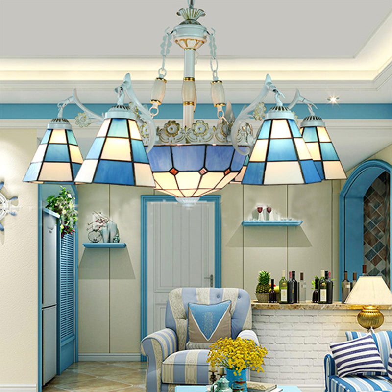Mediterranean Cone Chandelier Light Fixture 9 Lights Stained Glass Suspension Pendant in Blue with Flower/Square/Diamond/Gem Pattern Blue Square Clearhalo 'Ceiling Lights' 'Chandeliers' 'Industrial' 'Middle Century Chandeliers' 'Tiffany Chandeliers' 'Tiffany close to ceiling' 'Tiffany' Lighting' 177558