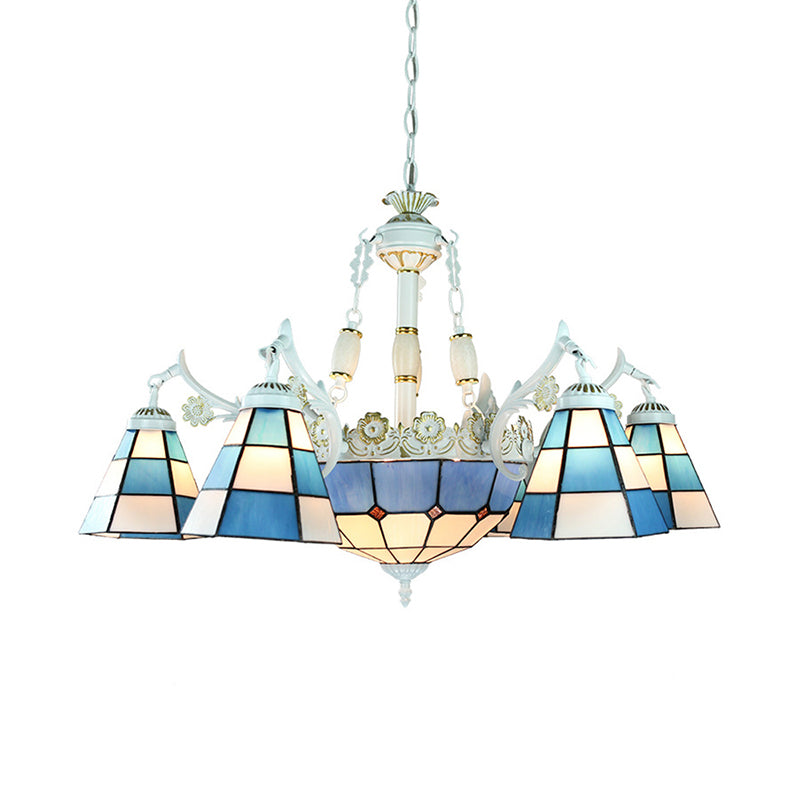 Mediterranean Cone Chandelier Light Fixture 9 Lights Stained Glass Suspension Pendant in Blue with Flower/Square/Diamond/Gem Pattern Clearhalo 'Ceiling Lights' 'Chandeliers' 'Industrial' 'Middle Century Chandeliers' 'Tiffany Chandeliers' 'Tiffany close to ceiling' 'Tiffany' Lighting' 177559