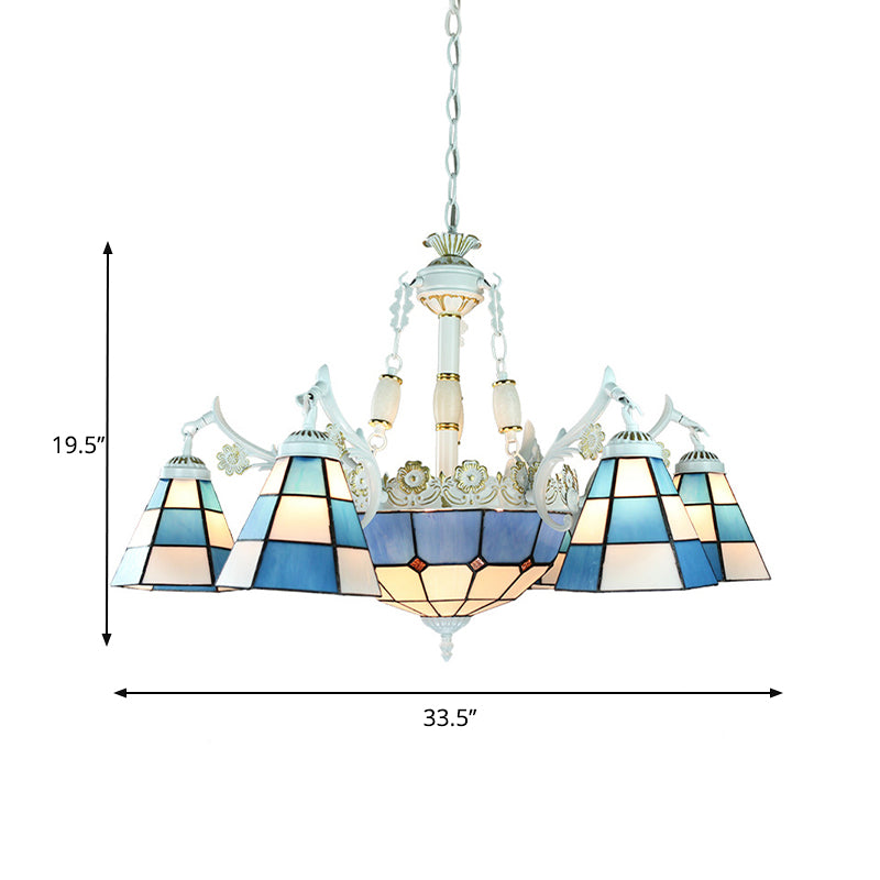 Mediterranean Cone Chandelier Light Fixture 9 Lights Stained Glass Suspension Pendant in Blue with Flower/Square/Diamond/Gem Pattern Clearhalo 'Ceiling Lights' 'Chandeliers' 'Industrial' 'Middle Century Chandeliers' 'Tiffany Chandeliers' 'Tiffany close to ceiling' 'Tiffany' Lighting' 177560