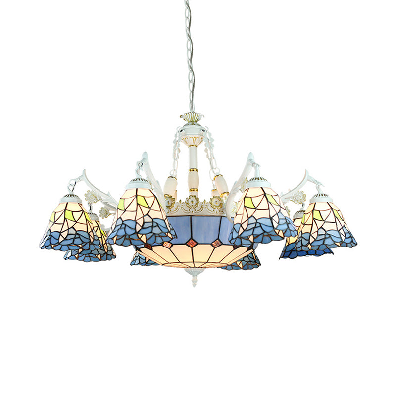 Stained Glass White Hanging Chandelier 11 Lights Tiffany Pendant Ceiling Light with Flower/Square/Diamond/Gem Pattern Clearhalo 'Ceiling Lights' 'Chandeliers' 'Industrial' 'Middle Century Chandeliers' 'Tiffany Chandeliers' 'Tiffany close to ceiling' 'Tiffany' Lighting' 177562
