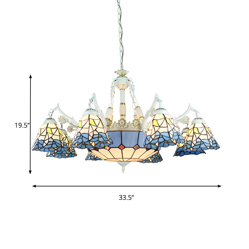 Stained Glass White Hanging Chandelier 11 Lights Tiffany Pendant Ceiling Light with Flower/Square/Diamond/Gem Pattern Clearhalo 'Ceiling Lights' 'Chandeliers' 'Industrial' 'Middle Century Chandeliers' 'Tiffany Chandeliers' 'Tiffany close to ceiling' 'Tiffany' Lighting' 177563
