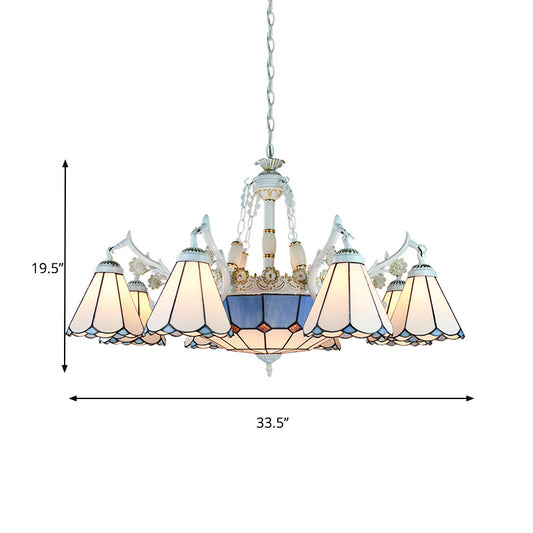 Stained Glass White Hanging Chandelier 11 Lights Tiffany Pendant Ceiling Light with Flower/Square/Diamond/Gem Pattern Clearhalo 'Ceiling Lights' 'Chandeliers' 'Industrial' 'Middle Century Chandeliers' 'Tiffany Chandeliers' 'Tiffany close to ceiling' 'Tiffany' Lighting' 177567