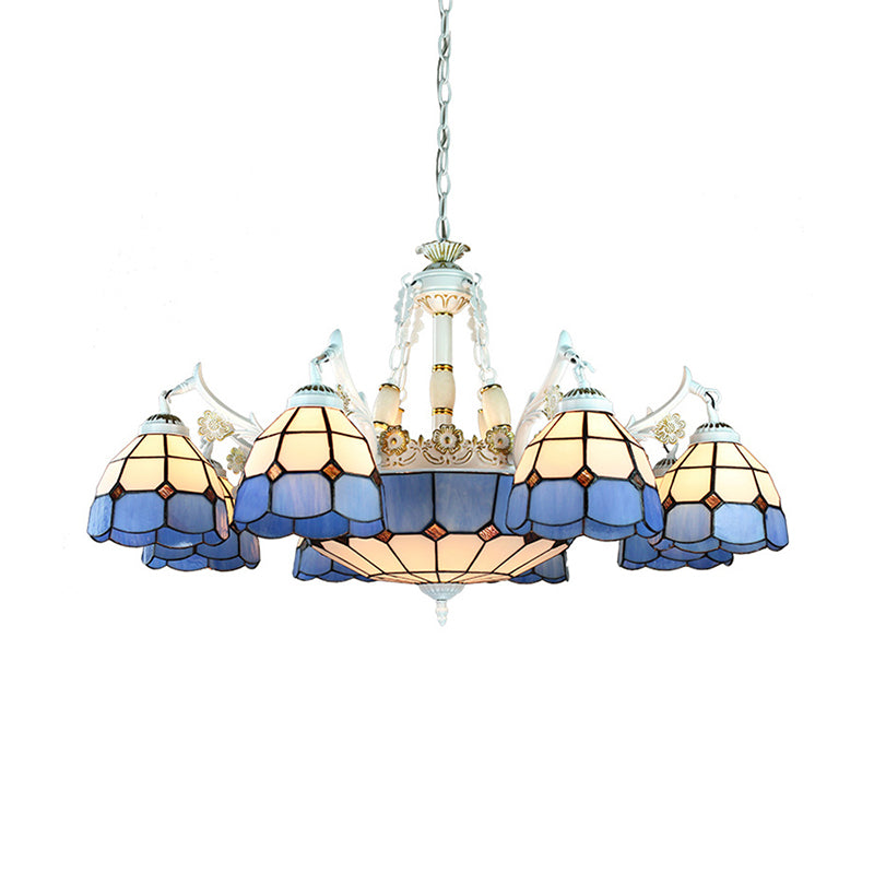 Stained Glass White Hanging Chandelier 11 Lights Tiffany Pendant Ceiling Light with Flower/Square/Diamond/Gem Pattern Clearhalo 'Ceiling Lights' 'Chandeliers' 'Industrial' 'Middle Century Chandeliers' 'Tiffany Chandeliers' 'Tiffany close to ceiling' 'Tiffany' Lighting' 177569