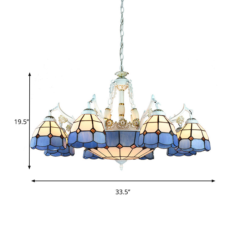 Stained Glass White Hanging Chandelier 11 Lights Tiffany Pendant Ceiling Light with Flower/Square/Diamond/Gem Pattern Clearhalo 'Ceiling Lights' 'Chandeliers' 'Industrial' 'Middle Century Chandeliers' 'Tiffany Chandeliers' 'Tiffany close to ceiling' 'Tiffany' Lighting' 177570