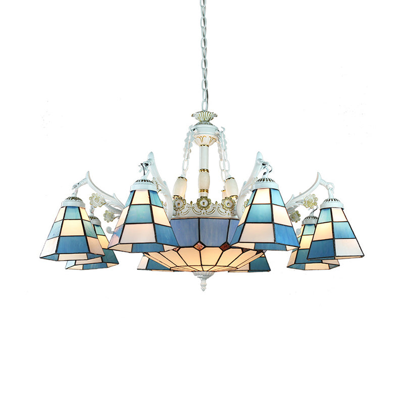 Stained Glass White Hanging Chandelier 11 Lights Tiffany Pendant Ceiling Light with Flower/Square/Diamond/Gem Pattern Clearhalo 'Ceiling Lights' 'Chandeliers' 'Industrial' 'Middle Century Chandeliers' 'Tiffany Chandeliers' 'Tiffany close to ceiling' 'Tiffany' Lighting' 177572
