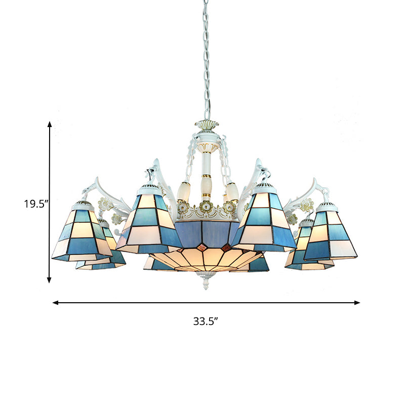 Stained Glass White Hanging Chandelier 11 Lights Tiffany Pendant Ceiling Light with Flower/Square/Diamond/Gem Pattern Clearhalo 'Ceiling Lights' 'Chandeliers' 'Industrial' 'Middle Century Chandeliers' 'Tiffany Chandeliers' 'Tiffany close to ceiling' 'Tiffany' Lighting' 177573
