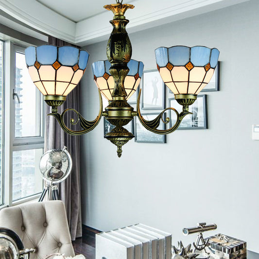 Brass Finish Bowl Chandelier with Metal Chain and Blue Glass Shade Vintage Tiffany 3 Lights Pendant Light Blue Clearhalo 'Ceiling Lights' 'Chandeliers' 'Industrial' 'Middle Century Chandeliers' 'Tiffany Chandeliers' 'Tiffany close to ceiling' 'Tiffany' Lighting' 177574