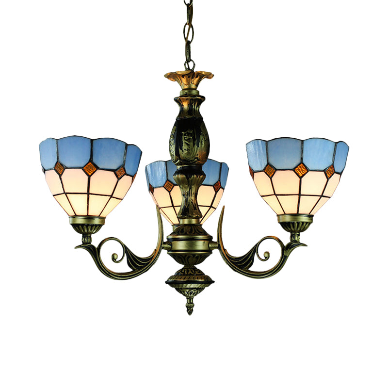 Brass Finish Bowl Chandelier with Metal Chain and Blue Glass Shade Vintage Tiffany 3 Lights Pendant Light Clearhalo 'Ceiling Lights' 'Chandeliers' 'Industrial' 'Middle Century Chandeliers' 'Tiffany Chandeliers' 'Tiffany close to ceiling' 'Tiffany' Lighting' 177576