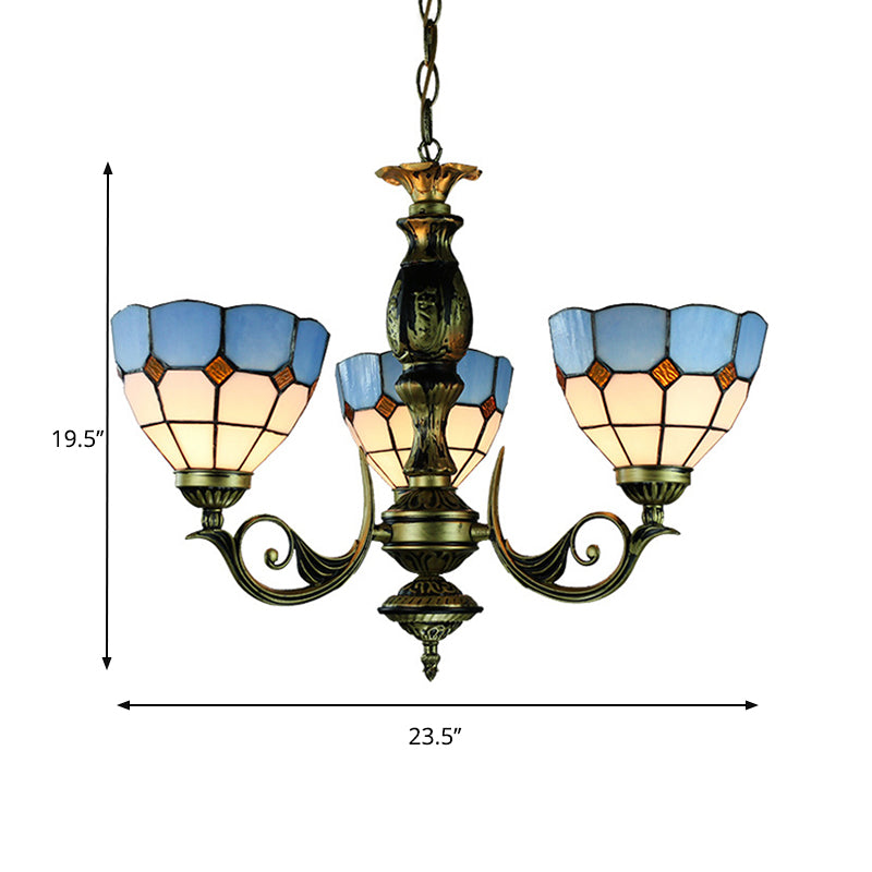 Brass Finish Bowl Chandelier with Metal Chain and Blue Glass Shade Vintage Tiffany 3 Lights Pendant Light Clearhalo 'Ceiling Lights' 'Chandeliers' 'Industrial' 'Middle Century Chandeliers' 'Tiffany Chandeliers' 'Tiffany close to ceiling' 'Tiffany' Lighting' 177577