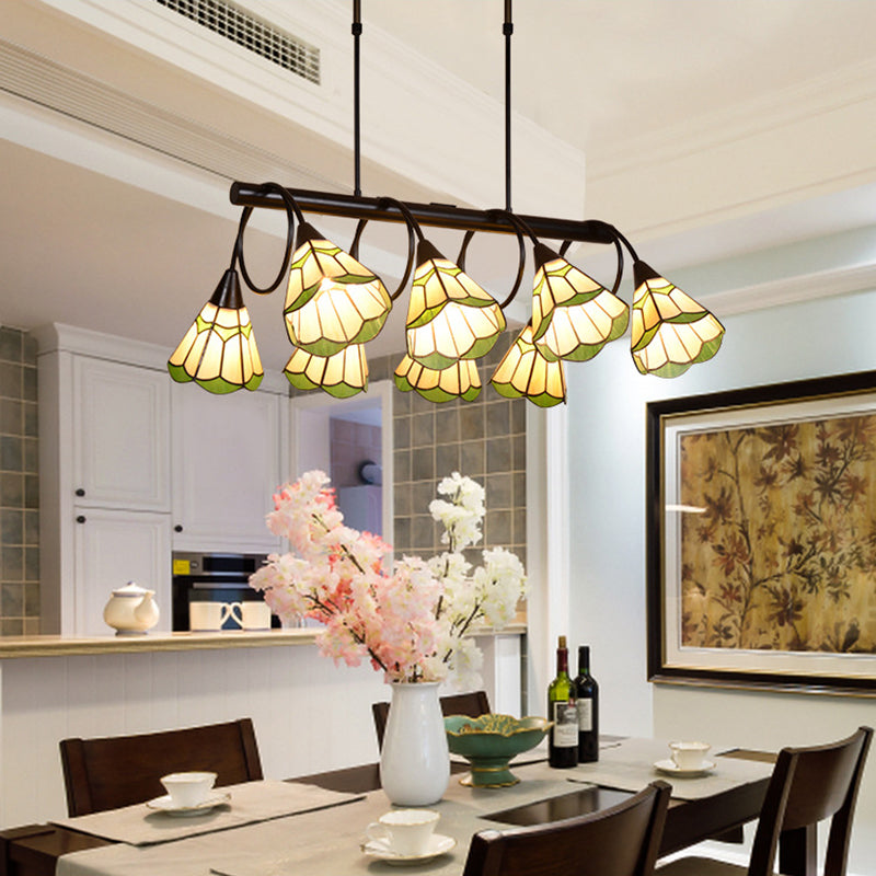 Beige Conical Island Lighting Fixture Tiffany Stylish 8 Lights Stainless Glass Hanging Lamp for Dining Room Clearhalo 'Ceiling Lights' 'Chandeliers' 'Close To Ceiling Lights' 'Glass shade' 'Glass' 'Island Lights' 'Tiffany close to ceiling' 'Tiffany' Lighting' 177579