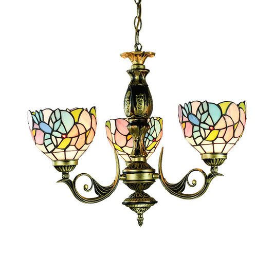 Stained Glass Pendant Lamp with Bowl Shade 3 Lights Rustic Chandelier Lighting in Multi Color Clearhalo 'Ceiling Lights' 'Chandeliers' 'Industrial' 'Middle Century Chandeliers' 'Tiffany Chandeliers' 'Tiffany close to ceiling' 'Tiffany' Lighting' 177594