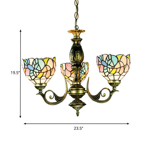 Stained Glass Pendant Lamp with Bowl Shade 3 Lights Rustic Chandelier Lighting in Multi Color Clearhalo 'Ceiling Lights' 'Chandeliers' 'Industrial' 'Middle Century Chandeliers' 'Tiffany Chandeliers' 'Tiffany close to ceiling' 'Tiffany' Lighting' 177595