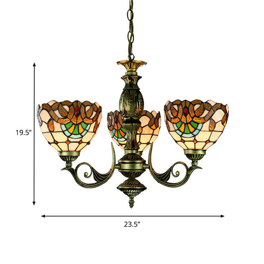 Victorian Bowl Chandelier Lighting Stained Glass 3 Lights Indoor Pendant Light for Dining Room Clearhalo 'Ceiling Lights' 'Chandeliers' 'Close To Ceiling Lights' 'Industrial' 'Middle Century Chandeliers' 'Tiffany Chandeliers' 'Tiffany close to ceiling' 'Tiffany' Lighting' 177599