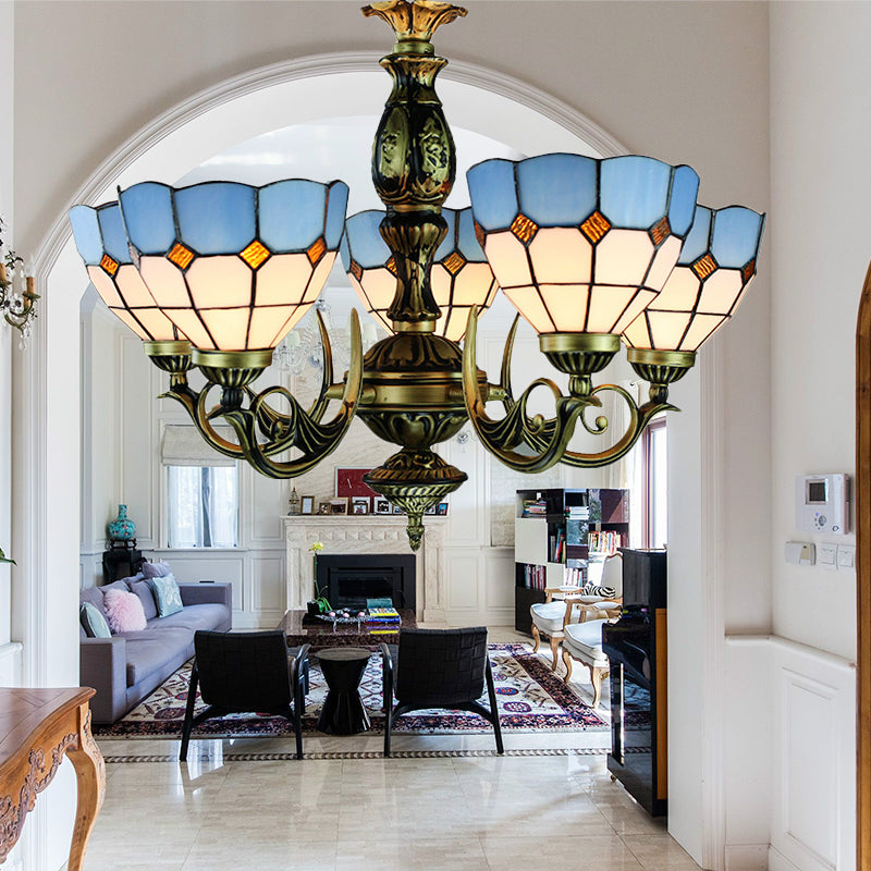 Tiffany Bowl Hanging Ceiling Light Stained Glass 5 Lights Chandelier Lighting for Dining Room Blue Clearhalo 'Ceiling Lights' 'Chandeliers' 'Industrial' 'Middle Century Chandeliers' 'Tiffany Chandeliers' 'Tiffany close to ceiling' 'Tiffany' Lighting' 177600