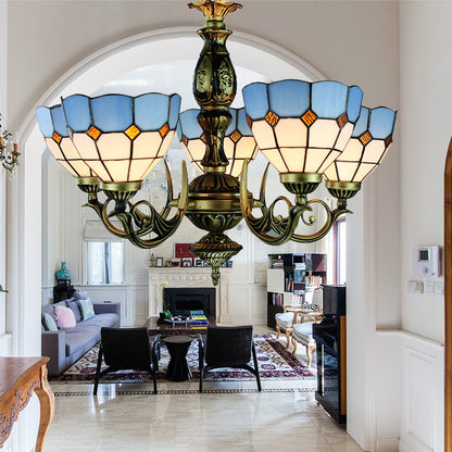 Tiffany Bowl Hanging Ceiling Light Stained Glass 5 Lights Chandelier Lighting for Dining Room Blue Clearhalo 'Ceiling Lights' 'Chandeliers' 'Industrial' 'Middle Century Chandeliers' 'Tiffany Chandeliers' 'Tiffany close to ceiling' 'Tiffany' Lighting' 177600