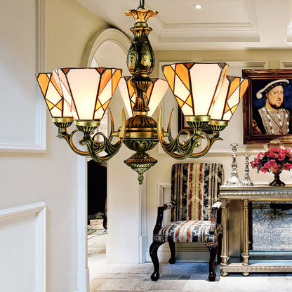 Stained Glass Cone Chandelier Light with Metal Chain 5 Lights Tiffany Lighting for Bedroom Yellow Clearhalo 'Ceiling Lights' 'Chandeliers' 'Industrial' 'Middle Century Chandeliers' 'Tiffany Chandeliers' 'Tiffany close to ceiling' 'Tiffany' Lighting' 177604