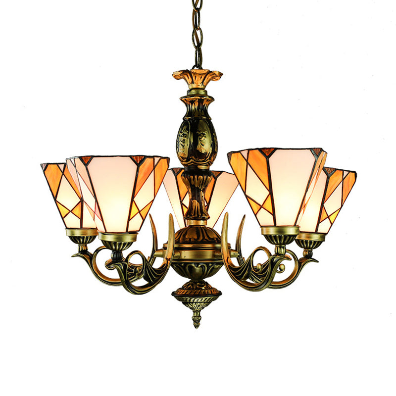 Stained Glass Cone Chandelier Light with Metal Chain 5 Lights Tiffany Lighting for Bedroom Clearhalo 'Ceiling Lights' 'Chandeliers' 'Industrial' 'Middle Century Chandeliers' 'Tiffany Chandeliers' 'Tiffany close to ceiling' 'Tiffany' Lighting' 177606