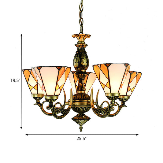 Stained Glass Cone Chandelier Light with Metal Chain 5 Lights Tiffany Lighting for Bedroom Clearhalo 'Ceiling Lights' 'Chandeliers' 'Industrial' 'Middle Century Chandeliers' 'Tiffany Chandeliers' 'Tiffany close to ceiling' 'Tiffany' Lighting' 177607