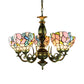 Lodge Bowl Hanging Pendant Light with Bird and Flower 5 Lights Stained Glass Chandelier in Antique Bronze Clearhalo 'Ceiling Lights' 'Chandeliers' 'Industrial' 'Middle Century Chandeliers' 'Tiffany Chandeliers' 'Tiffany close to ceiling' 'Tiffany' Lighting' 177610
