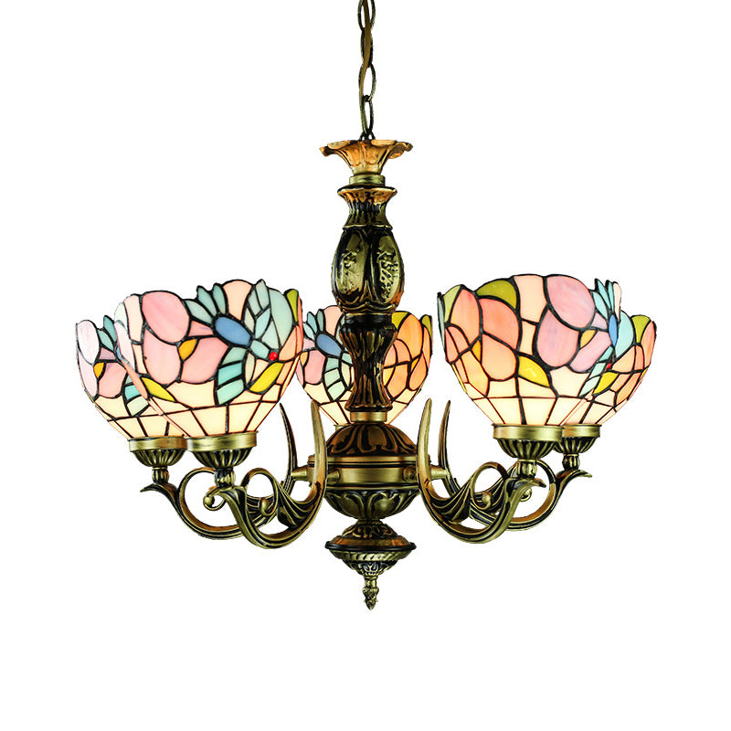 Lodge Bowl Hanging Pendant Light with Bird and Flower 5 Lights Stained Glass Chandelier in Antique Bronze Clearhalo 'Ceiling Lights' 'Chandeliers' 'Industrial' 'Middle Century Chandeliers' 'Tiffany Chandeliers' 'Tiffany close to ceiling' 'Tiffany' Lighting' 177610