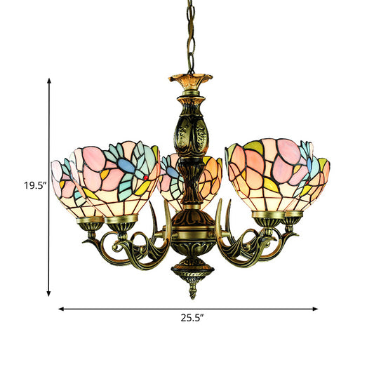 Lodge Bowl Hanging Pendant Light with Bird and Flower 5 Lights Stained Glass Chandelier in Antique Bronze Clearhalo 'Ceiling Lights' 'Chandeliers' 'Industrial' 'Middle Century Chandeliers' 'Tiffany Chandeliers' 'Tiffany close to ceiling' 'Tiffany' Lighting' 177611