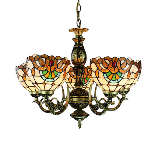 5 Lights Bowl Ceiling Pendant Victorian Height Adjustable Stained Glass Hanging Chandelier Clearhalo 'Ceiling Lights' 'Chandeliers' 'Industrial' 'Middle Century Chandeliers' 'Tiffany Chandeliers' 'Tiffany close to ceiling' 'Tiffany' Lighting' 177614