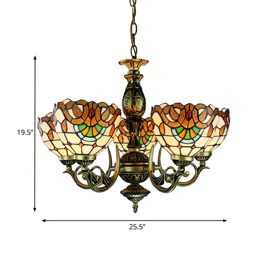 5 Lights Bowl Ceiling Pendant Victorian Height Adjustable Stained Glass Hanging Chandelier Clearhalo 'Ceiling Lights' 'Chandeliers' 'Industrial' 'Middle Century Chandeliers' 'Tiffany Chandeliers' 'Tiffany close to ceiling' 'Tiffany' Lighting' 177615