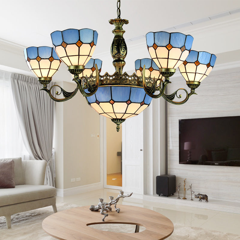 Blue 9 Lights Pendant Chandelier Nautical Stained Glass Dome Ceiling Light for Living Room Blue Clearhalo 'Ceiling Lights' 'Chandeliers' 'Industrial' 'Middle Century Chandeliers' 'Pendant Lights' 'Tiffany Chandeliers' 'Tiffany close to ceiling' 'Tiffany' Lighting' 177616
