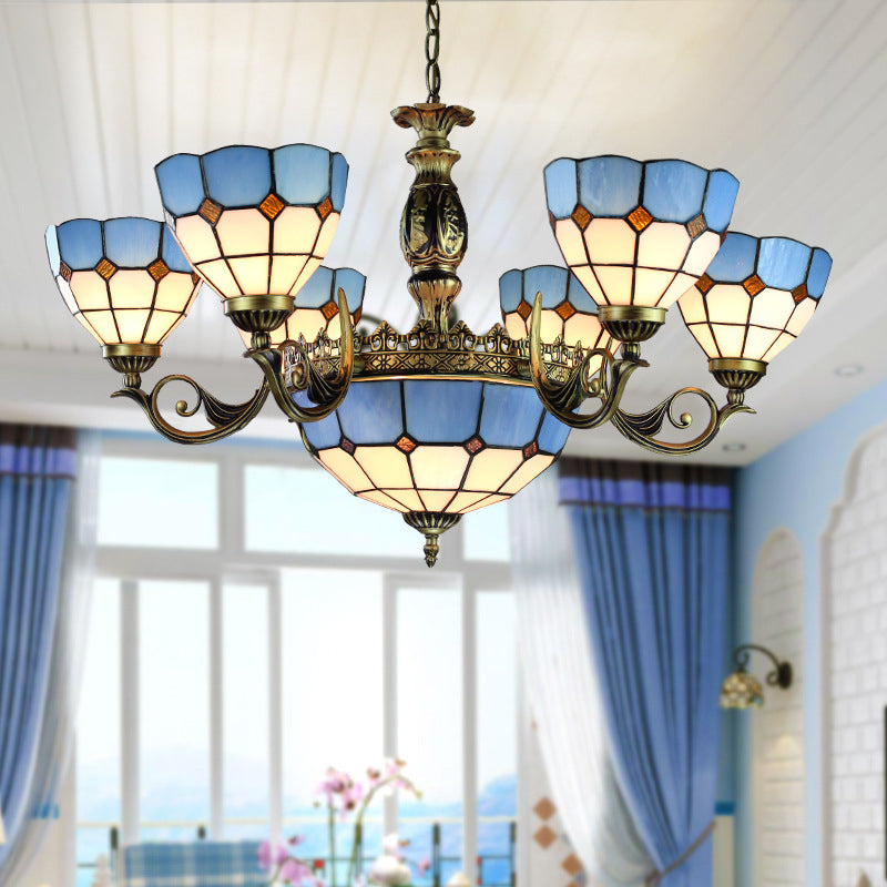 Blue 9 Lights Pendant Chandelier Nautical Stained Glass Dome Ceiling Light for Living Room Clearhalo 'Ceiling Lights' 'Chandeliers' 'Industrial' 'Middle Century Chandeliers' 'Pendant Lights' 'Tiffany Chandeliers' 'Tiffany close to ceiling' 'Tiffany' Lighting' 177617