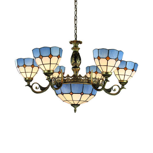 Blue 9 Lights Pendant Chandelier Nautical Stained Glass Dome Ceiling Light for Living Room Clearhalo 'Ceiling Lights' 'Chandeliers' 'Industrial' 'Middle Century Chandeliers' 'Pendant Lights' 'Tiffany Chandeliers' 'Tiffany close to ceiling' 'Tiffany' Lighting' 177618