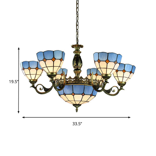 Blue 9 Lights Pendant Chandelier Nautical Stained Glass Dome Ceiling Light for Living Room Clearhalo 'Ceiling Lights' 'Chandeliers' 'Industrial' 'Middle Century Chandeliers' 'Pendant Lights' 'Tiffany Chandeliers' 'Tiffany close to ceiling' 'Tiffany' Lighting' 177619