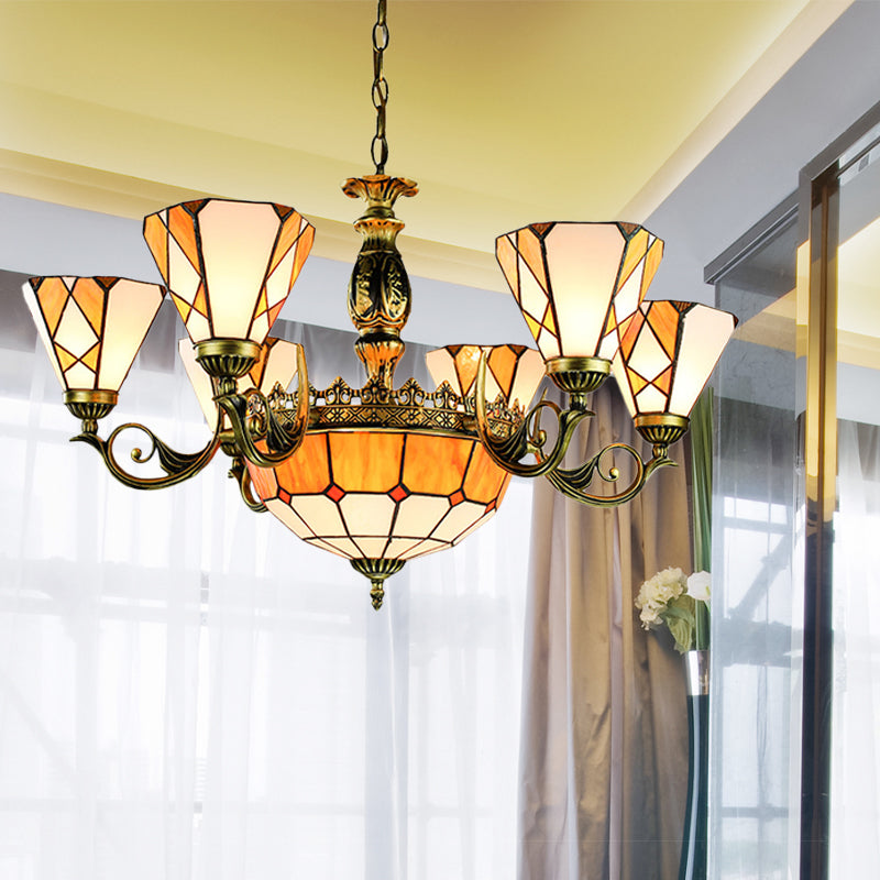 9 Lights Pendant Lamp Tiffany-Style Conical Stained Glass Ceiling Chandelier in Yellow for Bedroom Yellow Clearhalo 'Ceiling Lights' 'Chandeliers' 'Industrial' 'Middle Century Chandeliers' 'Tiffany Chandeliers' 'Tiffany close to ceiling' 'Tiffany' Lighting' 177620