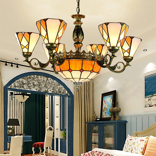 9 Lights Pendant Lamp Tiffany-Style Conical Stained Glass Ceiling Chandelier in Yellow for Bedroom Clearhalo 'Ceiling Lights' 'Chandeliers' 'Industrial' 'Middle Century Chandeliers' 'Tiffany Chandeliers' 'Tiffany close to ceiling' 'Tiffany' Lighting' 177621