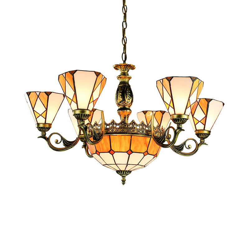 9 Lights Pendant Lamp Tiffany-Style Conical Stained Glass Ceiling Chandelier in Yellow for Bedroom Clearhalo 'Ceiling Lights' 'Chandeliers' 'Industrial' 'Middle Century Chandeliers' 'Tiffany Chandeliers' 'Tiffany close to ceiling' 'Tiffany' Lighting' 177622