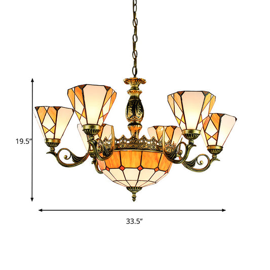 9 Lights Pendant Lamp Tiffany-Style Conical Stained Glass Ceiling Chandelier in Yellow for Bedroom Clearhalo 'Ceiling Lights' 'Chandeliers' 'Industrial' 'Middle Century Chandeliers' 'Tiffany Chandeliers' 'Tiffany close to ceiling' 'Tiffany' Lighting' 177623