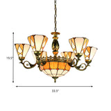 9 Lights Pendant Lamp Tiffany-Style Conical Stained Glass Ceiling Chandelier in Yellow for Bedroom Clearhalo 'Ceiling Lights' 'Chandeliers' 'Industrial' 'Middle Century Chandeliers' 'Tiffany Chandeliers' 'Tiffany close to ceiling' 'Tiffany' Lighting' 177623
