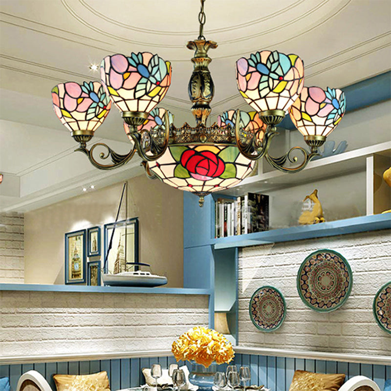 9 Lights Rose Chandelier Lighting Tiffany Style Red and Blue Stained Glass Pendant Lamp for Bedroom Clearhalo 'Ceiling Lights' 'Chandeliers' 'Industrial' 'Middle Century Chandeliers' 'Tiffany Chandeliers' 'Tiffany close to ceiling' 'Tiffany' Lighting' 177625