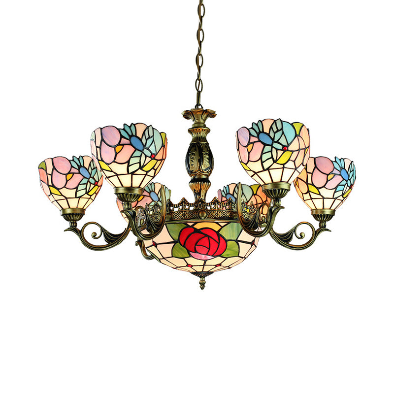 9 Lights Rose Chandelier Lighting Tiffany Style Red and Blue Stained Glass Pendant Lamp for Bedroom Clearhalo 'Ceiling Lights' 'Chandeliers' 'Industrial' 'Middle Century Chandeliers' 'Tiffany Chandeliers' 'Tiffany close to ceiling' 'Tiffany' Lighting' 177626