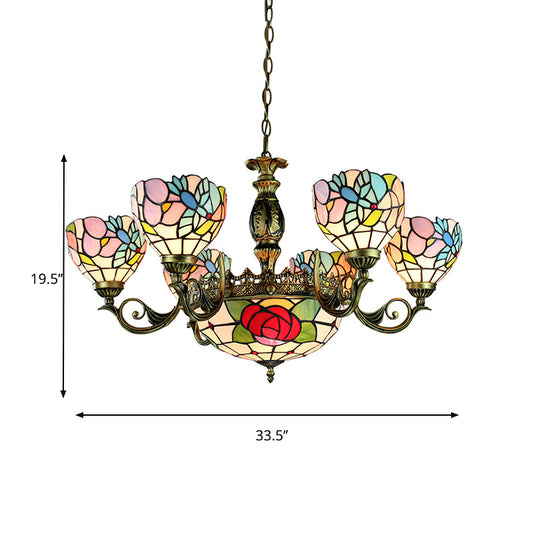 9 Lights Rose Chandelier Lighting Tiffany Style Red and Blue Stained Glass Pendant Lamp for Bedroom Clearhalo 'Ceiling Lights' 'Chandeliers' 'Industrial' 'Middle Century Chandeliers' 'Tiffany Chandeliers' 'Tiffany close to ceiling' 'Tiffany' Lighting' 177627