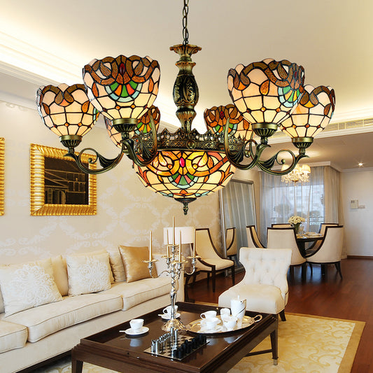 Victorian Style Domed Pendant Lamp 11 Light Stained Glass Ceiling Chandelier in Beige for Living Room Clearhalo 'Ceiling Lights' 'Chandeliers' 'Industrial' 'Middle Century Chandeliers' 'Tiffany Chandeliers' 'Tiffany close to ceiling' 'Tiffany' Lighting' 177629