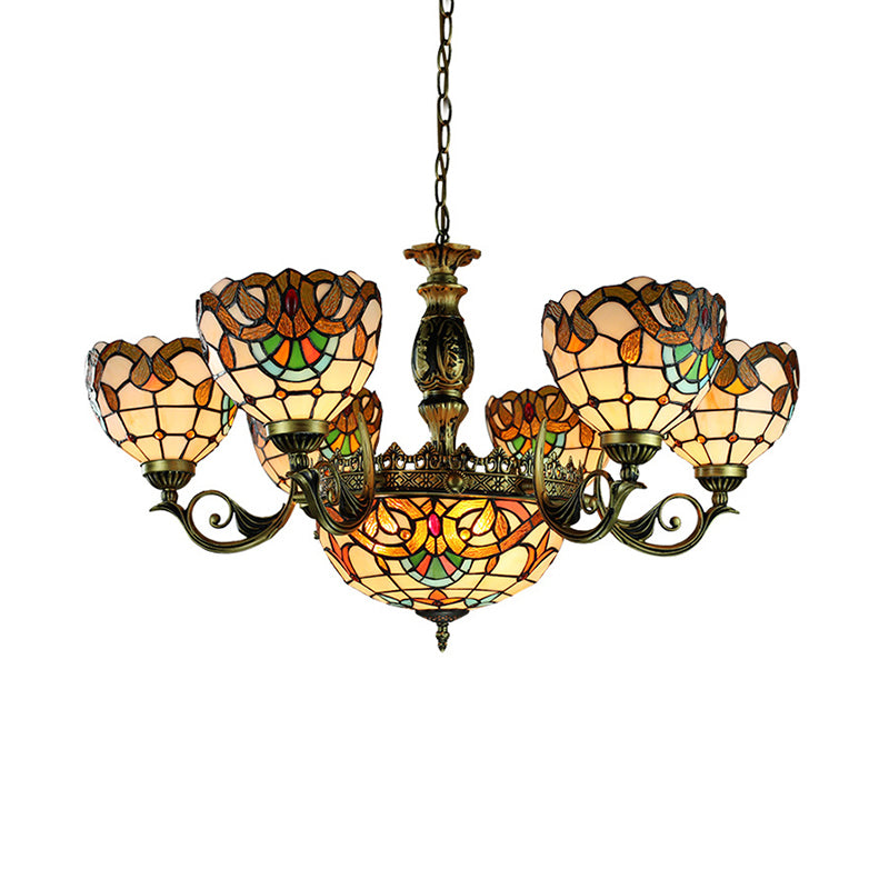 Victorian Style Domed Pendant Lamp 11 Light Stained Glass Ceiling Chandelier in Beige for Living Room Clearhalo 'Ceiling Lights' 'Chandeliers' 'Industrial' 'Middle Century Chandeliers' 'Tiffany Chandeliers' 'Tiffany close to ceiling' 'Tiffany' Lighting' 177630