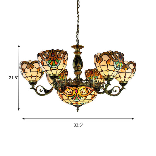 Victorian Style Domed Pendant Lamp 11 Light Stained Glass Ceiling Chandelier in Beige for Living Room Clearhalo 'Ceiling Lights' 'Chandeliers' 'Industrial' 'Middle Century Chandeliers' 'Tiffany Chandeliers' 'Tiffany close to ceiling' 'Tiffany' Lighting' 177631